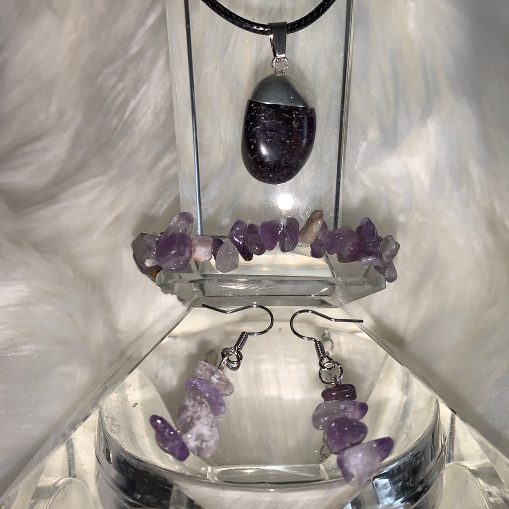 Purple Stone Necklace, Bracelet & Earrings Set